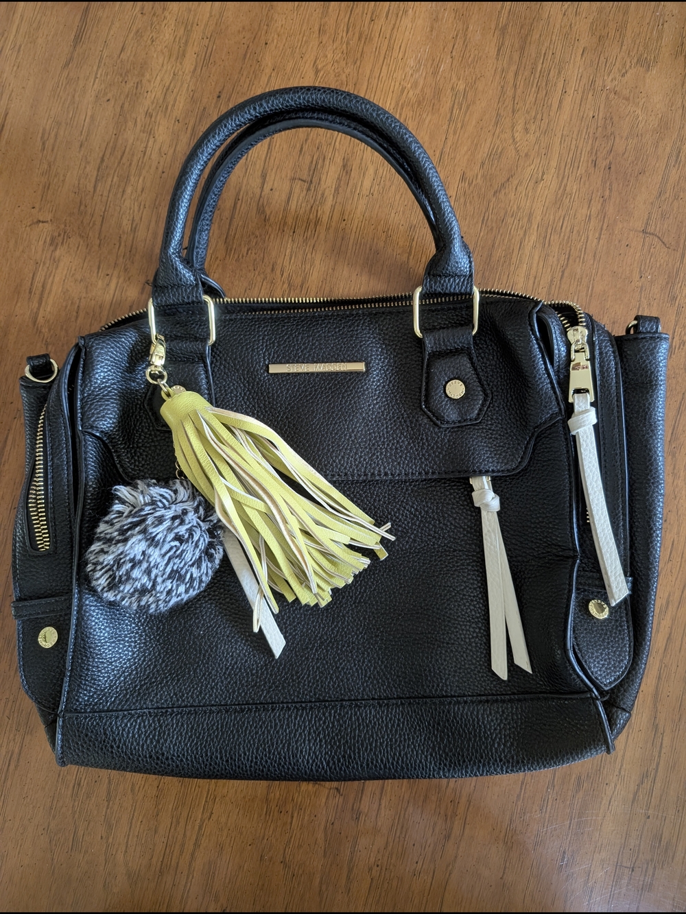 Steve Madden Black Leather Satchel Handbag with Yellow Tassel
